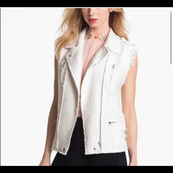 Rebecca Taylor Off White Textured Frayed Tweed Biker Moto Vest Sm - Picture 1 of 16